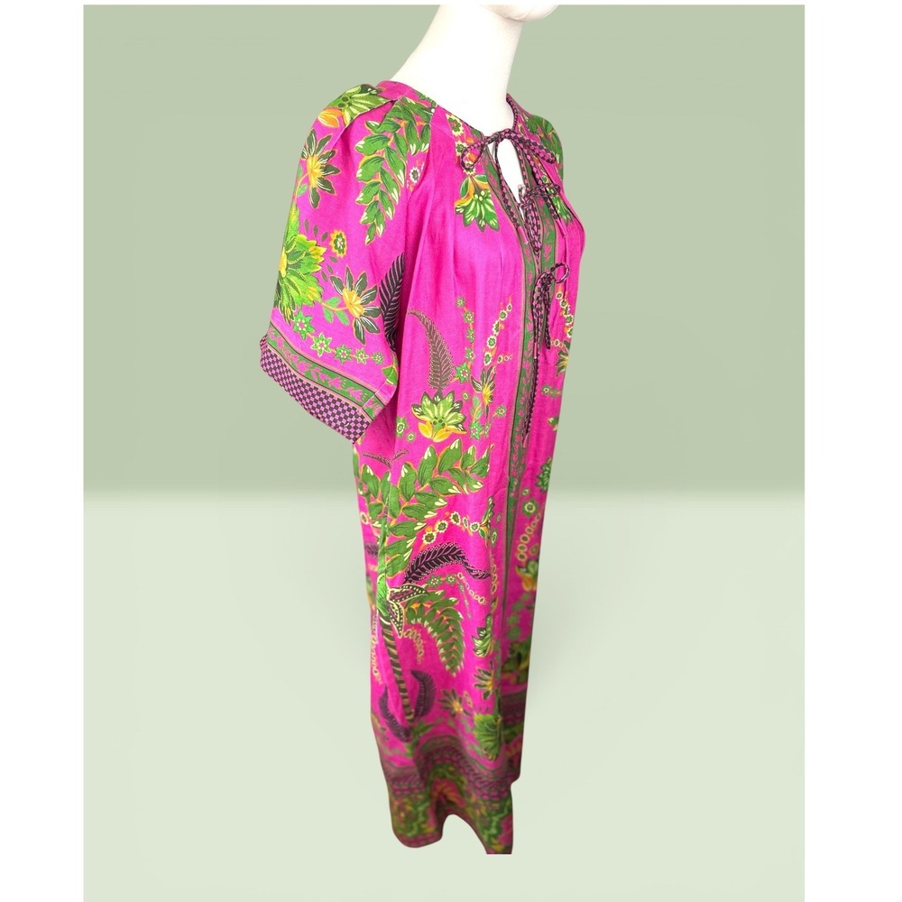 Farm Rio NWT SZ Sm Ana Tie Front Pink Floral Linen Blend Kaftan Midi Dress - Picture 6 of 16